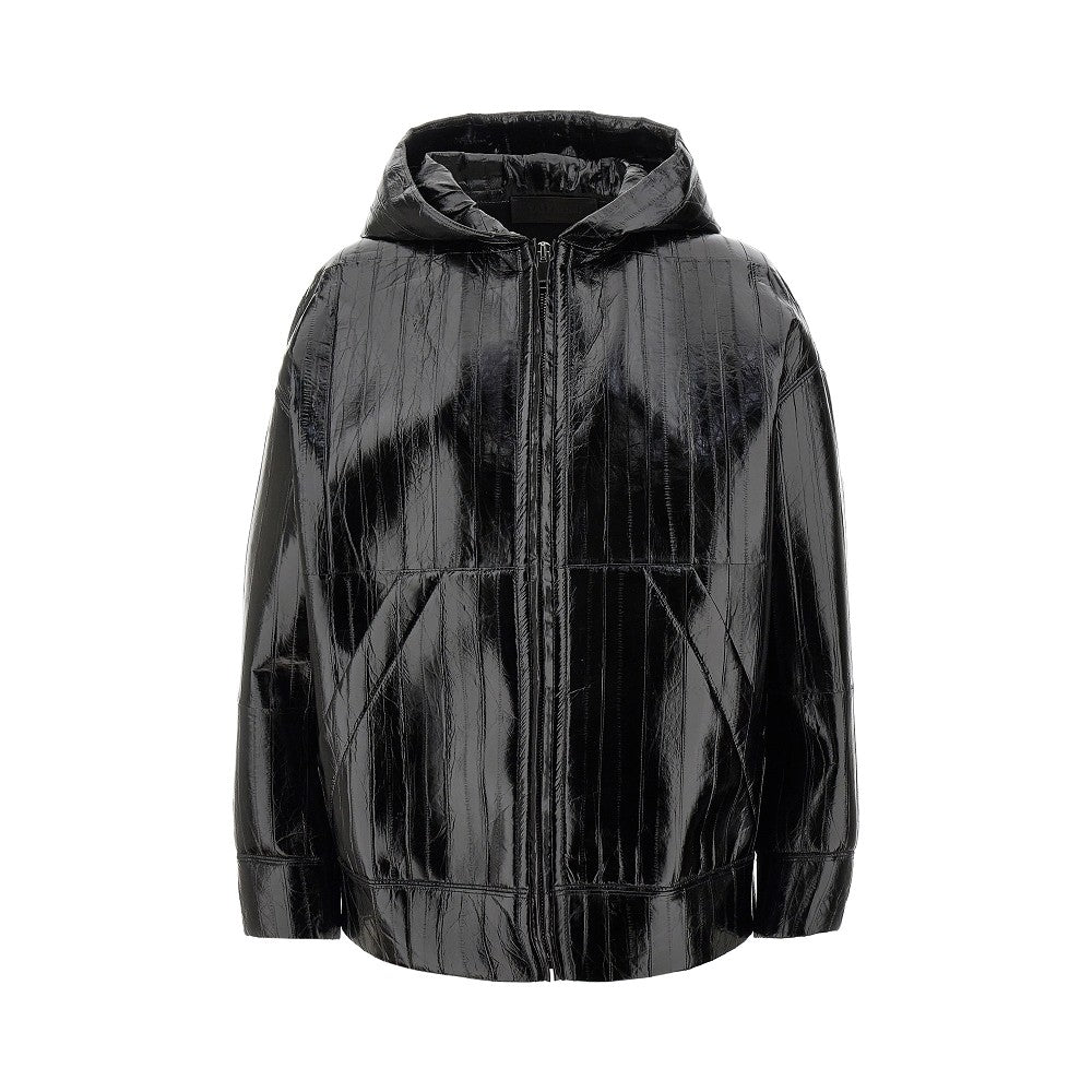 Leather hooded blouson jacket