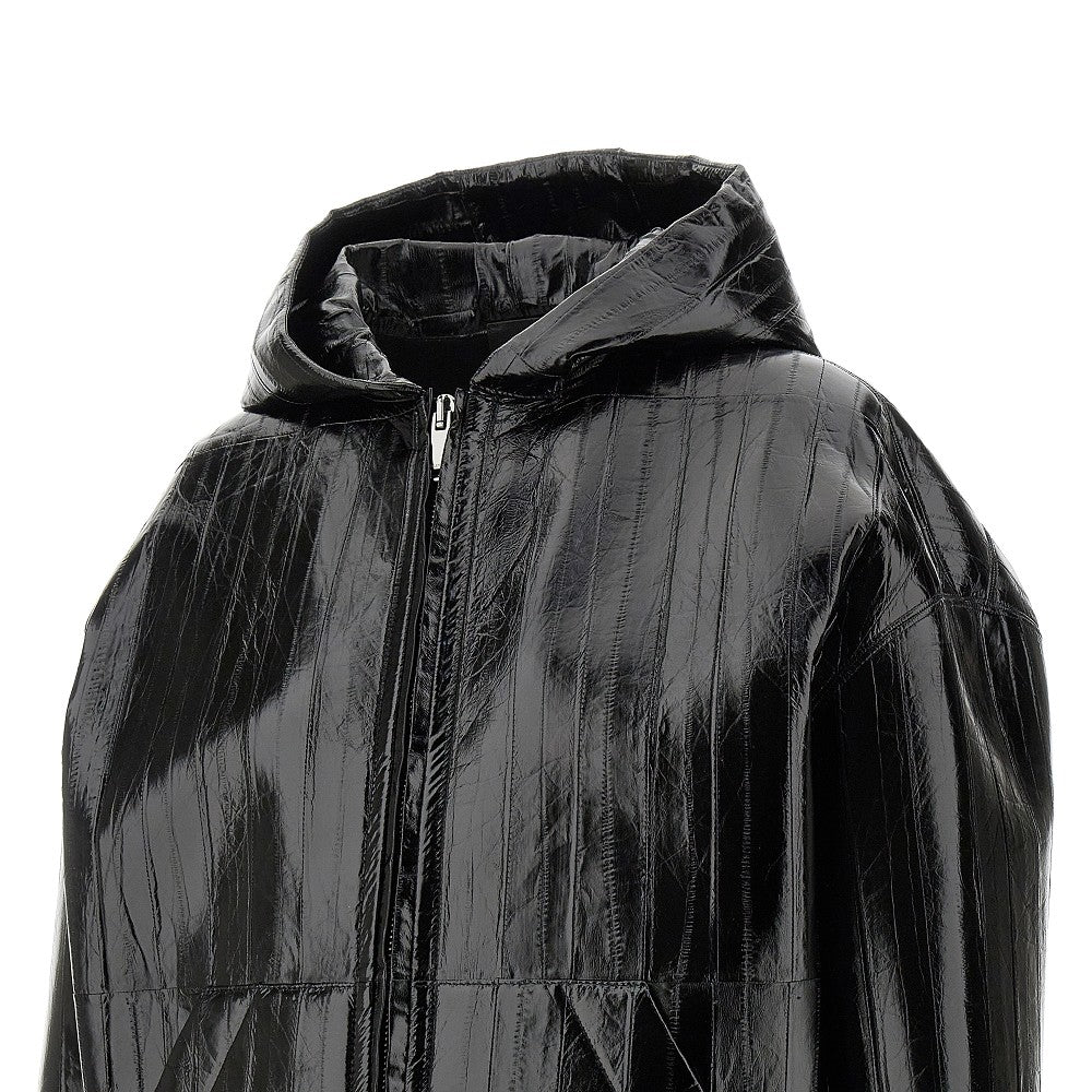 Leather hooded blouson jacket