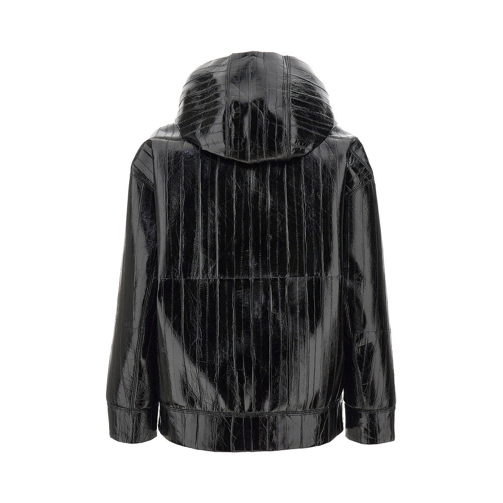 Leather hooded blouson jacket