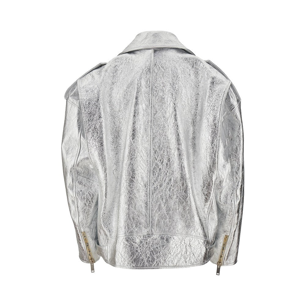 Giacca biker oversize in pelle metallizzata