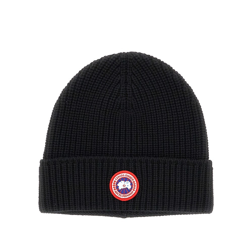 Wool beanie hat with logo patch