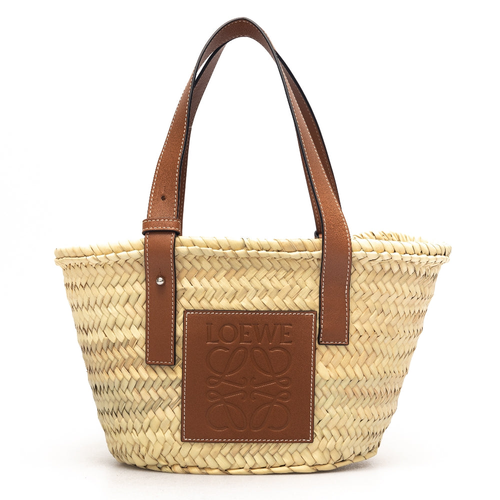 Small basket bag in palm leaf and leather