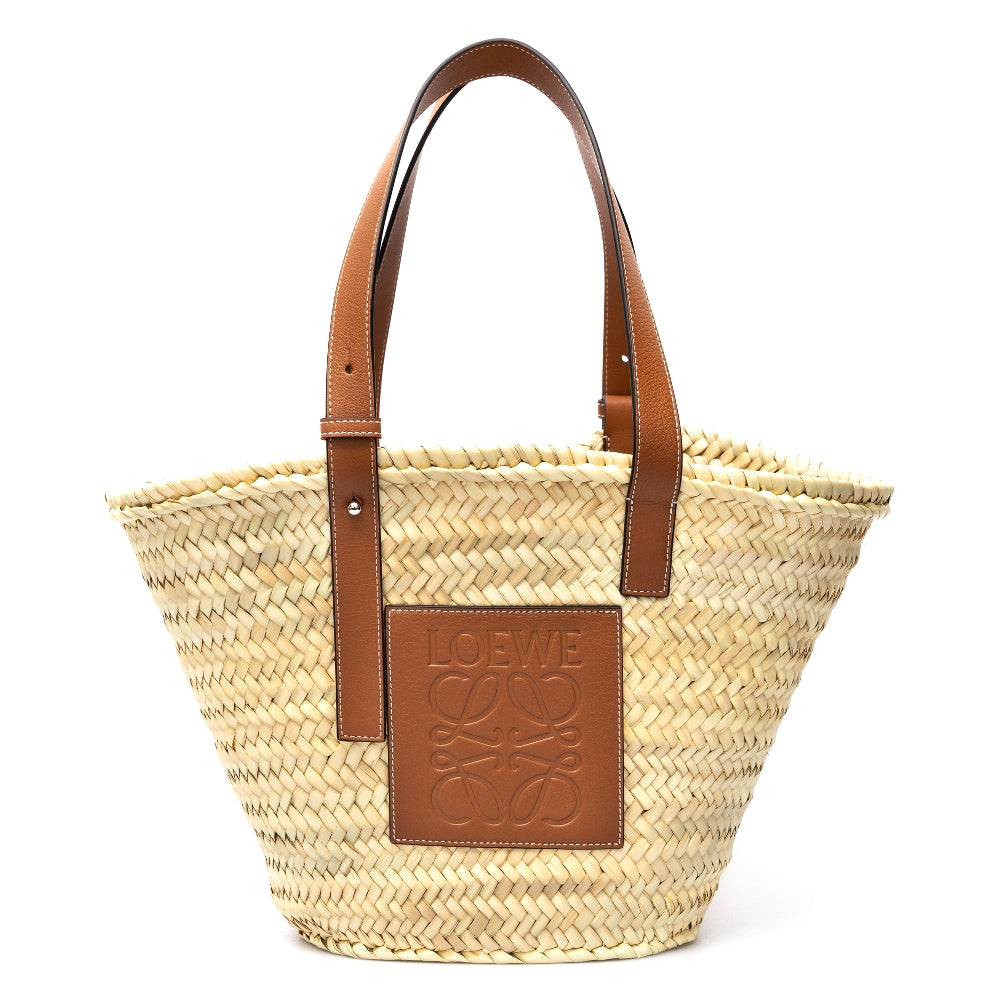 Medium basket bag in palm leaf and leather