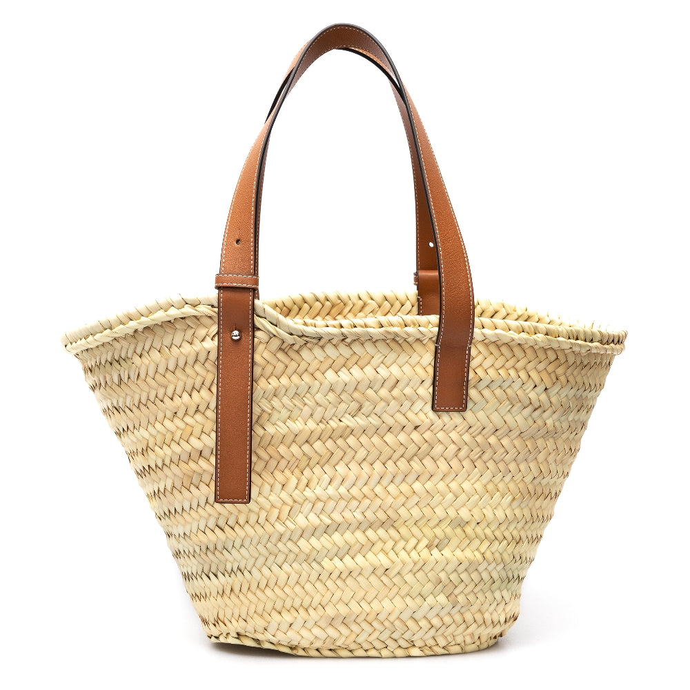 Medium basket bag in palm leaf and leather