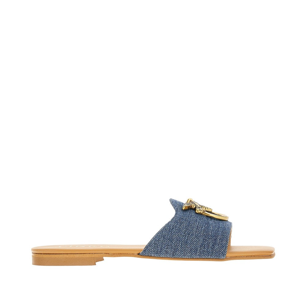 Denim slides with Love Birds buckle