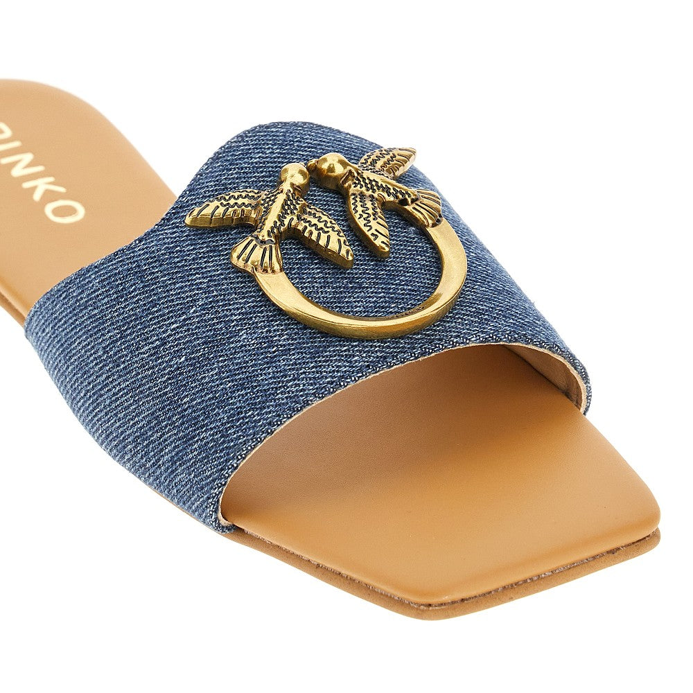 Denim slides with Love Birds buckle