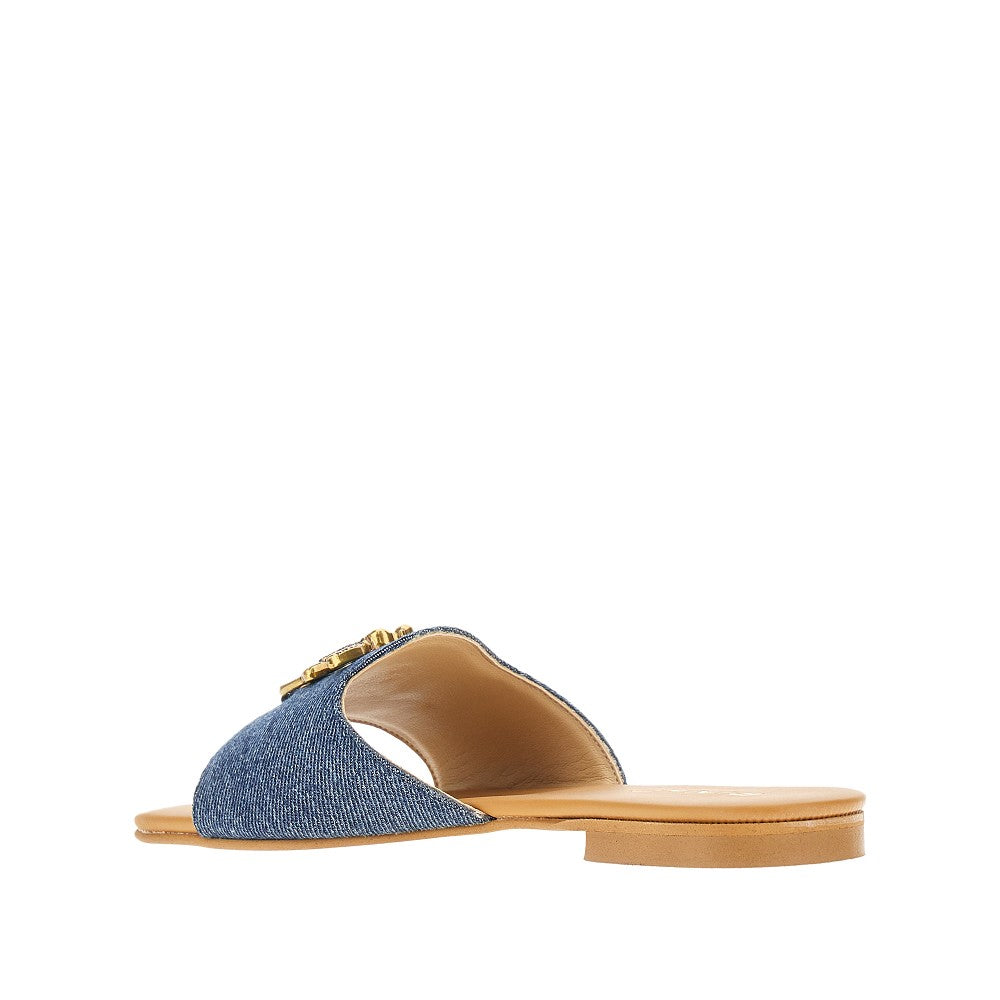 Denim slides with Love Birds buckle